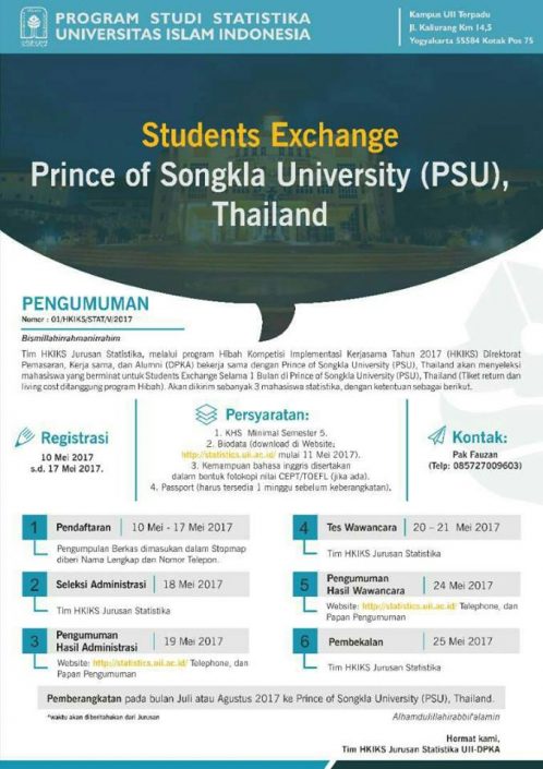 INFORMASI STUDENT EXCHANGE KE PRINCE OF SONGKLA UNIVERSITY, THAILAND